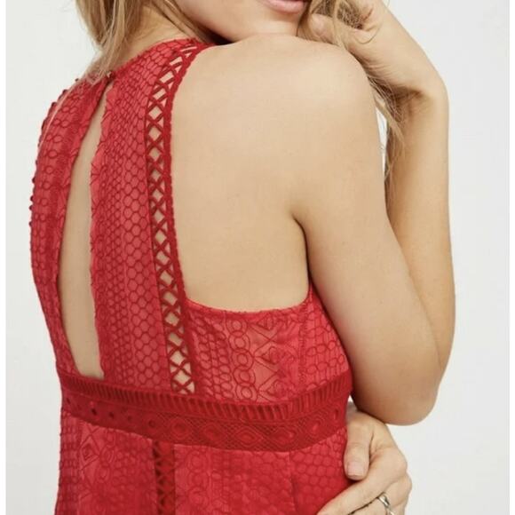 Free People Sundress WMNS 8 Red Lace Keyhole Cutout Mini Sleeveless Vintage Boho - Picture 13 of 13